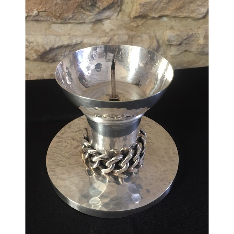 Vintage hammered metal candlestick by Jean Després, 1930