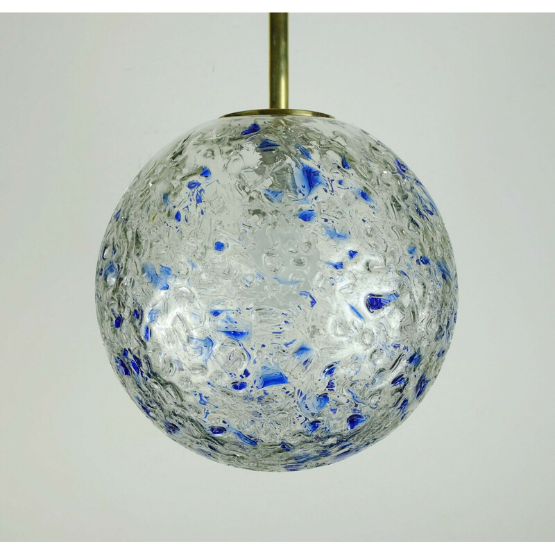 Mid-century pendant lamp clear and blue glass and brass by Doria-Leuchten