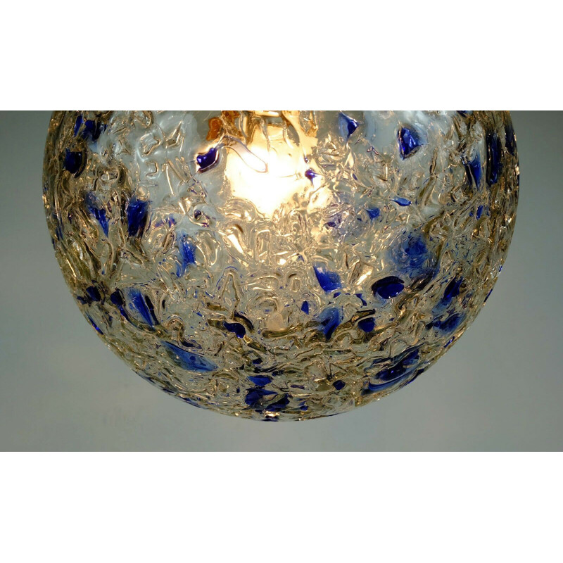 Mid-century pendant lamp clear and blue glass and brass by Doria-Leuchten