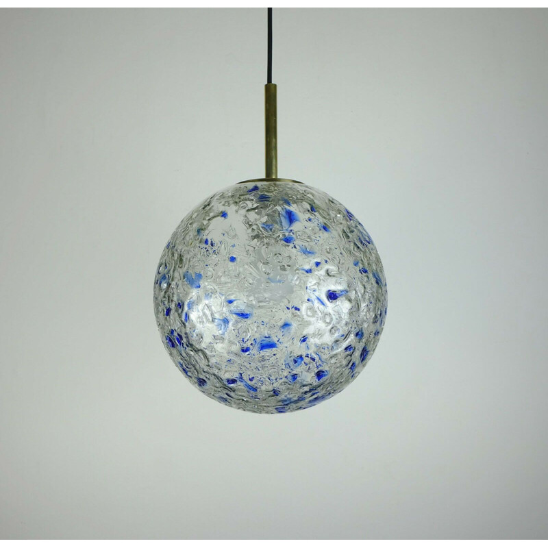 Mid-century pendant lamp clear and blue glass and brass by Doria-Leuchten