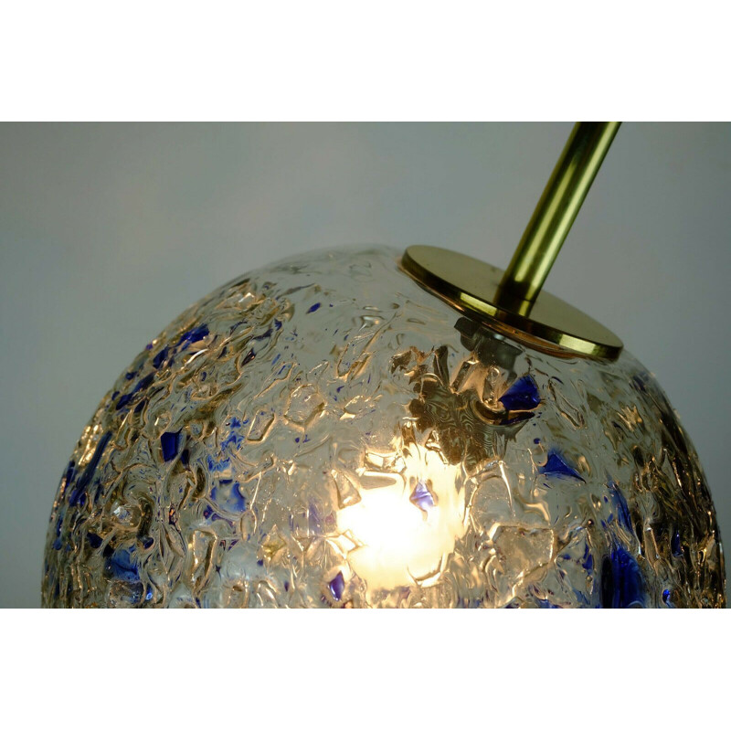 Mid-century pendant lamp clear and blue glass and brass by Doria-Leuchten