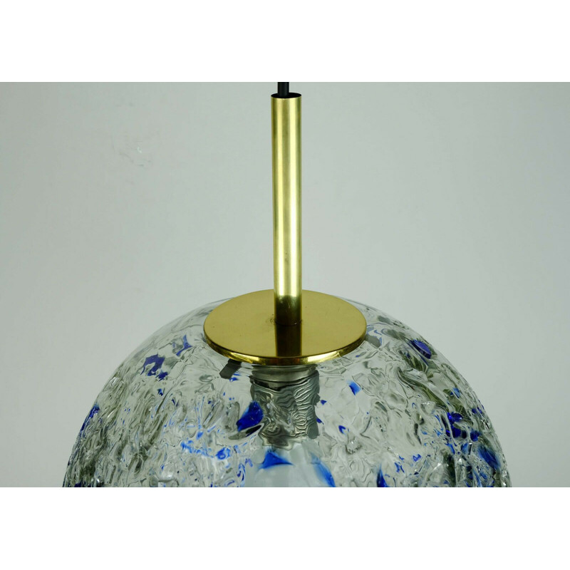 Mid-century pendant lamp clear and blue glass and brass by Doria-Leuchten