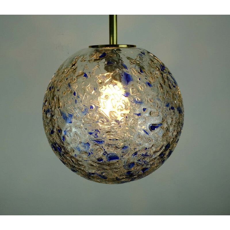 Mid-century pendant lamp clear and blue glass and brass by Doria-Leuchten