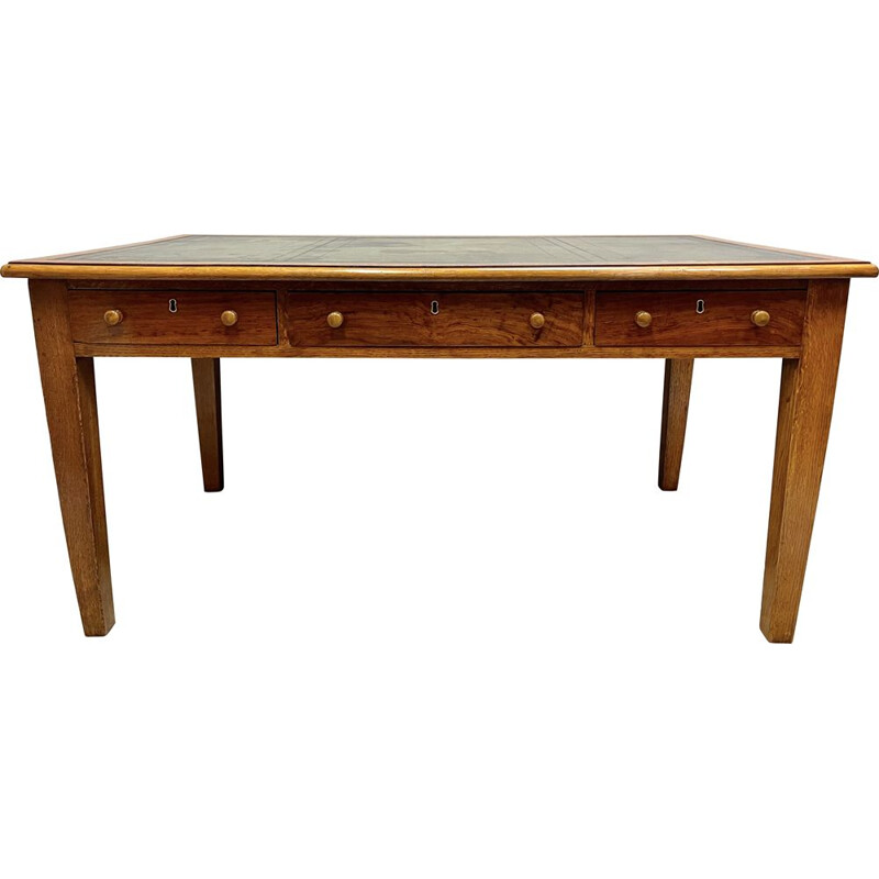 Vintage large oak desk with leather top and drawers, 1933