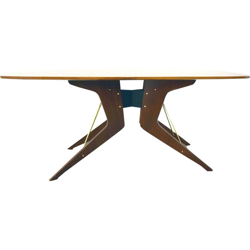 Vintage dining room table in veneered rosewood with tie rods and brass by Società Italiana Compensati Curvati, 1950