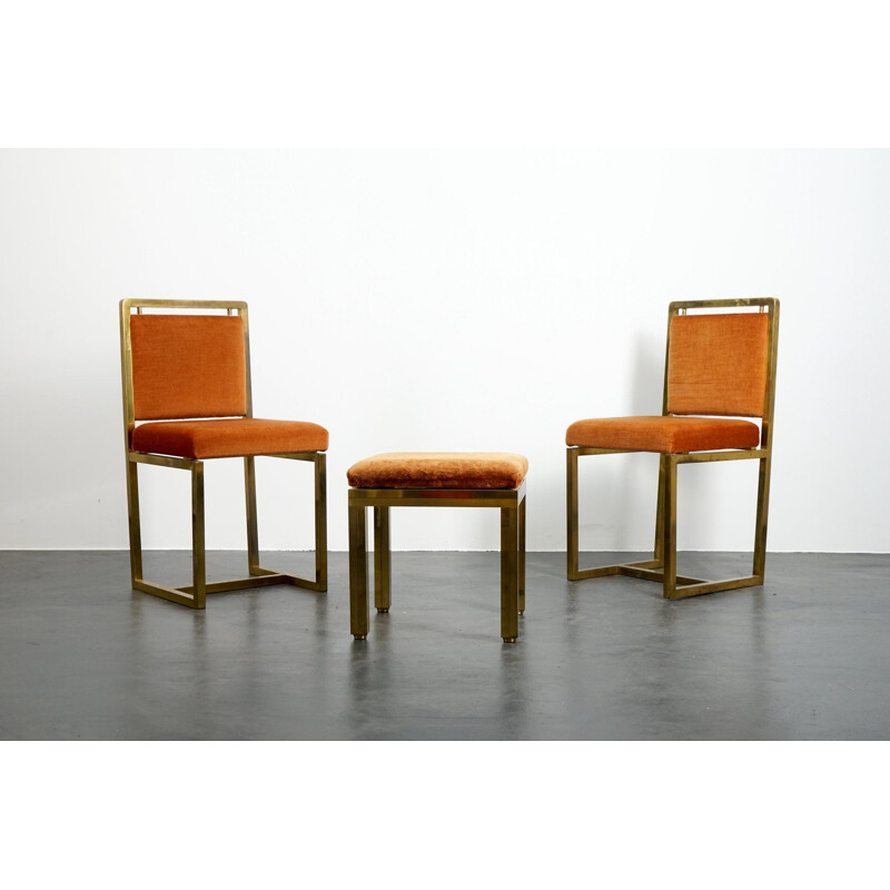 Conjunto de 3 cadeiras de veludo laranja vintage e pouffe, França 1970
