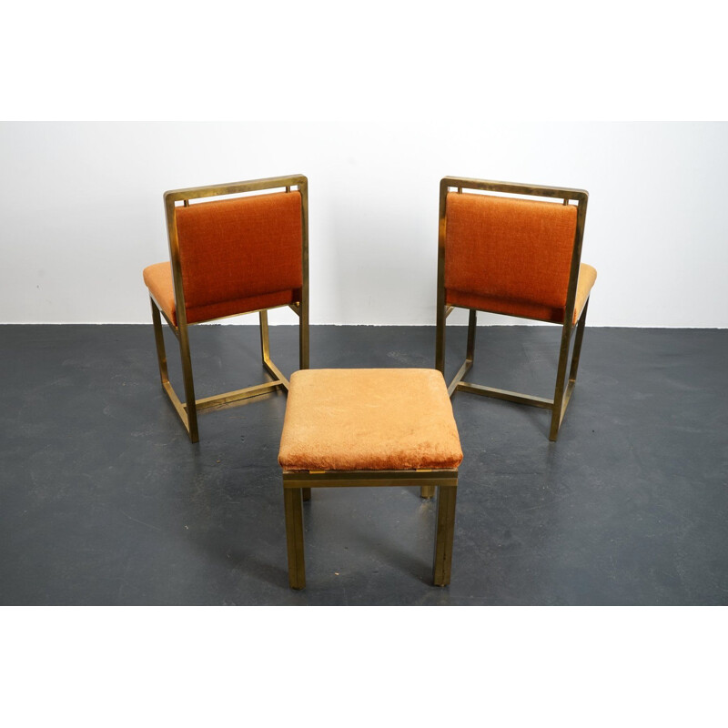 Set of 3 vintage chairs and pouf in orange velvet, France 1970