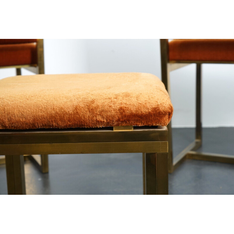 Set of 3 vintage chairs and pouf in orange velvet, France 1970