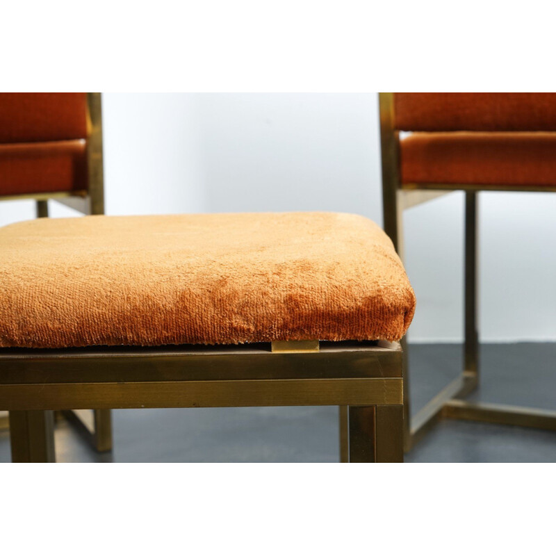Set of 3 vintage chairs and pouf in orange velvet, France 1970