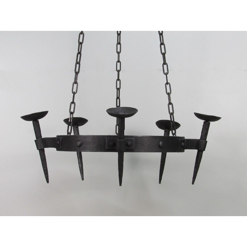 Mid-century large wrought iron candelabra chandelier, 1950s