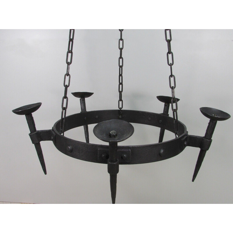 Mid-century large wrought iron candelabra chandelier, 1950s