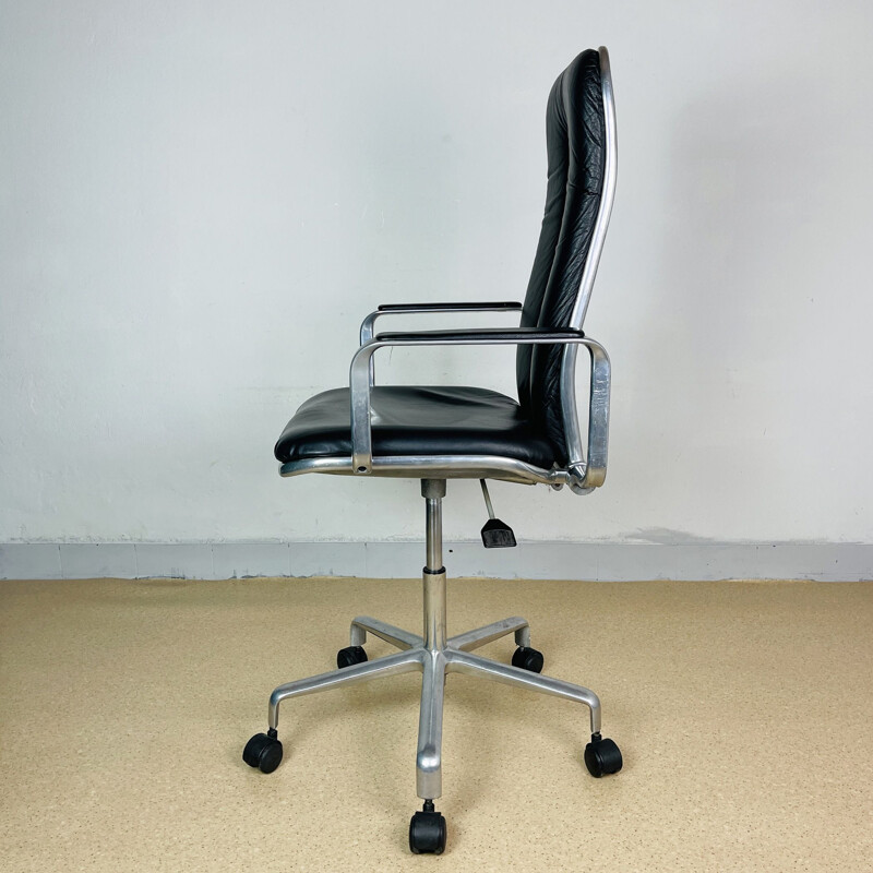 Fauteuil de bureau vintage à haut dossier en chrome et cuir noir Supporto de Frederick Scott pour ICF Milano, 1980