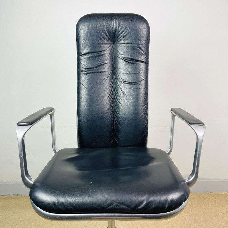 Mid-century chrome and black leather high-back office armchair Supporto by Frederick Scott for ICF Milano, 1980s