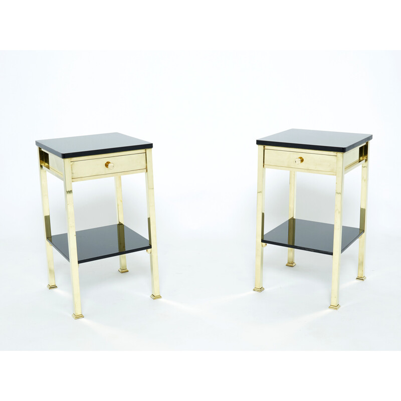 Pair of vintage black lacquered brass bedside tables, 1960