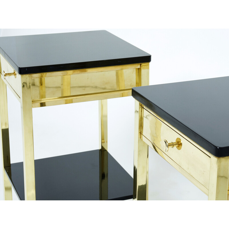 Pair of vintage black lacquered brass bedside tables, 1960