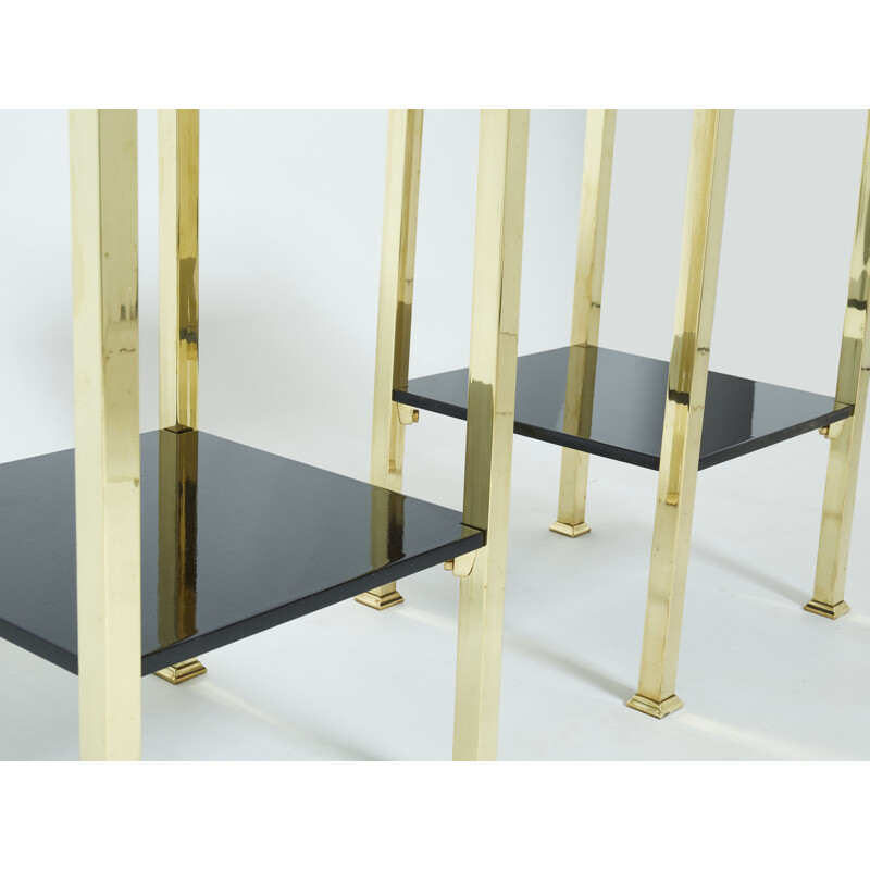 Pair of vintage black lacquered brass bedside tables, 1960