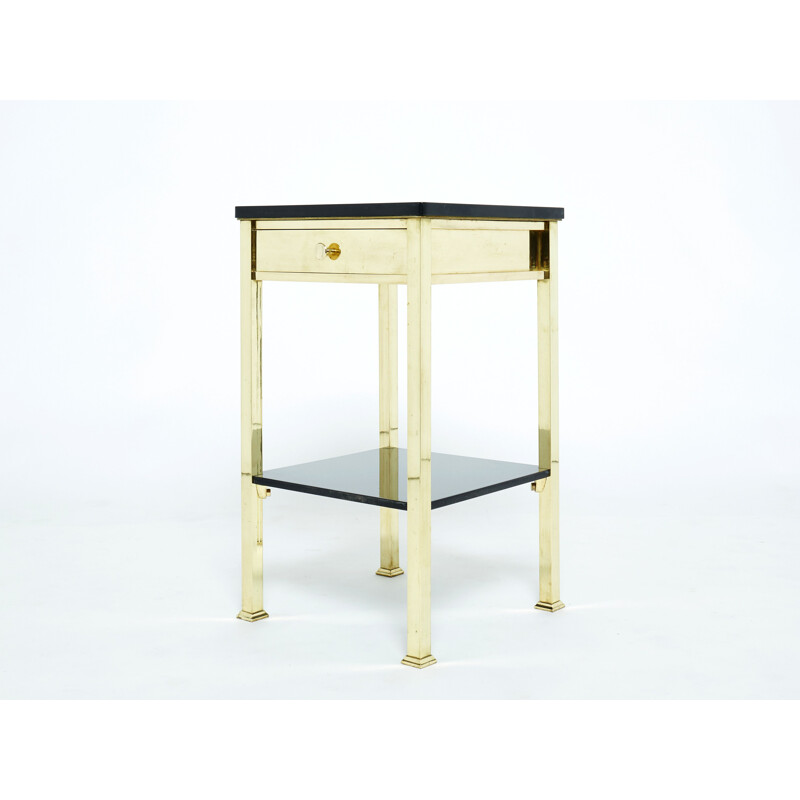 Pair of vintage black lacquered brass bedside tables, 1960