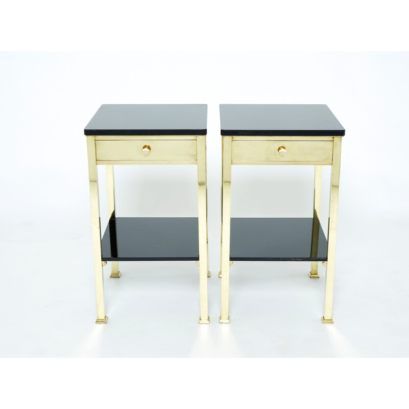 Pair of vintage black lacquered brass bedside tables, 1960