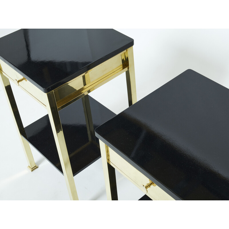 Pair of vintage black lacquered brass bedside tables, 1960