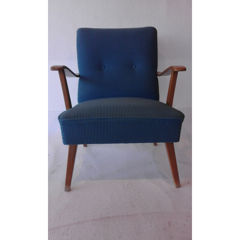 Armchair in beech and blue fabric - 1950s