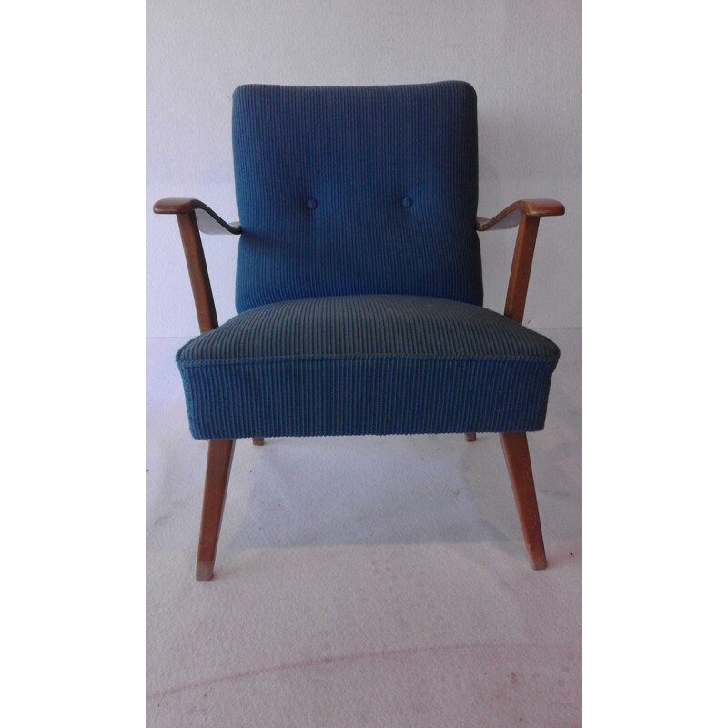 Fauteuil en hêtre et tissu bleu - 1950