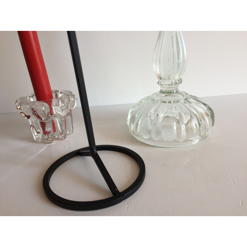 Set of 3 vintage candle holders in metal, glass and crystal