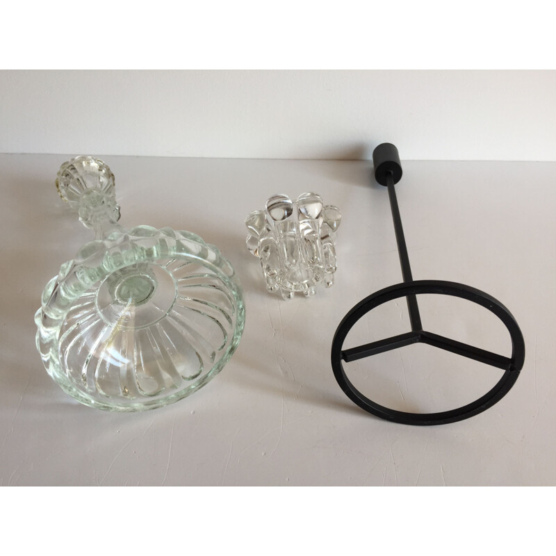 Set of 3 vintage candle holders in metal, glass and crystal