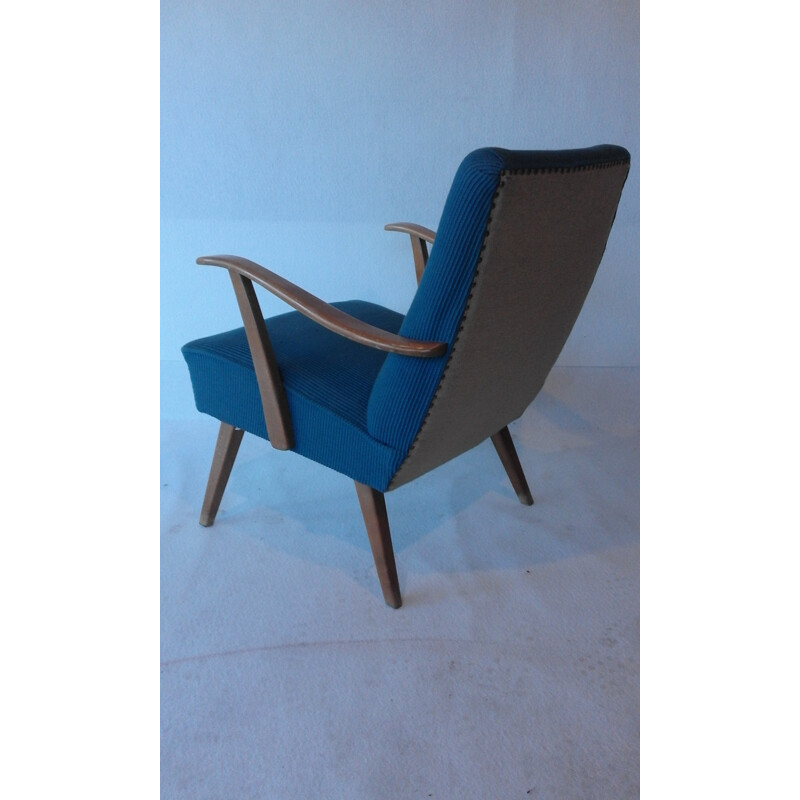 Fauteuil en hêtre et tissu bleu - 1950