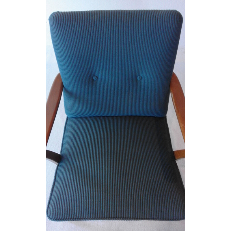Armchair in beech and blue fabric - 1950s