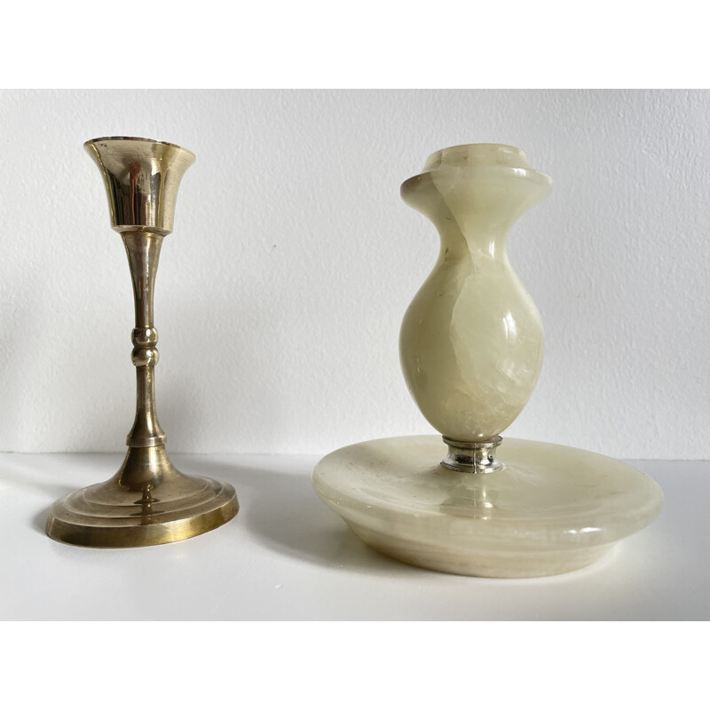 3 vintage brass and onyx candle holders