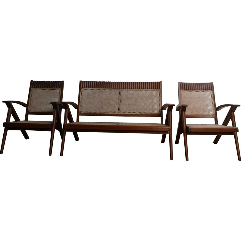 Burmese teak and cane mid-century armchair and sofa set, 1960