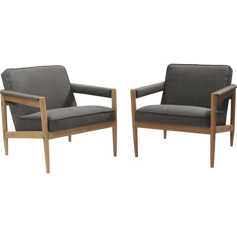 Pareja de sillones escandinavos vintage con tela azul y estructura de madera de haya