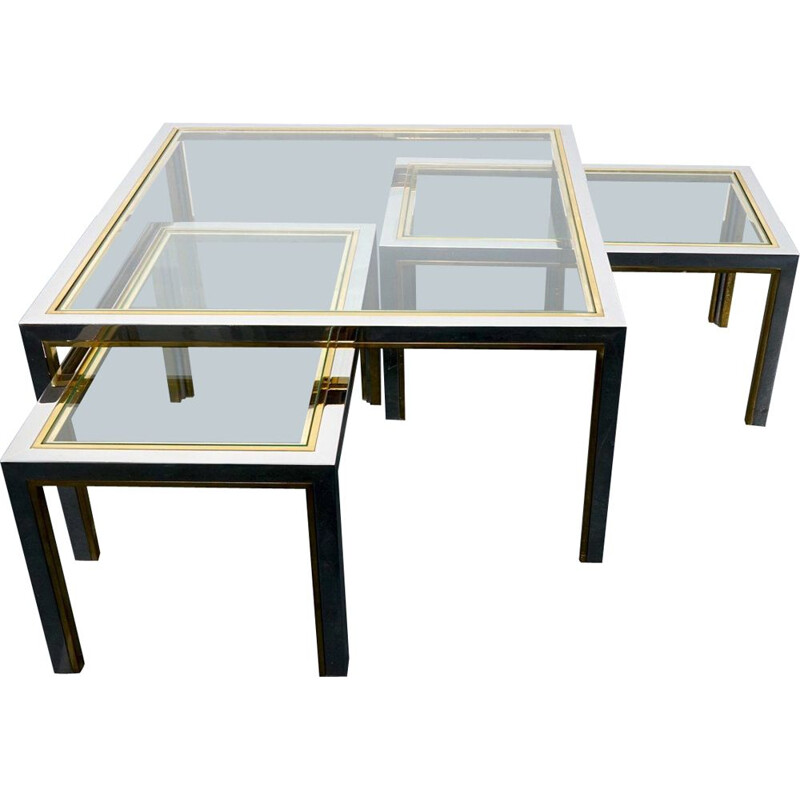 Set of 3 vintage brass and glass coffee tables, France 1970