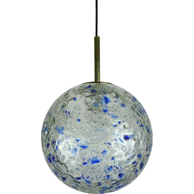 Mid-century pendant lamp clear and blue glass and brass by Doria-Leuchten