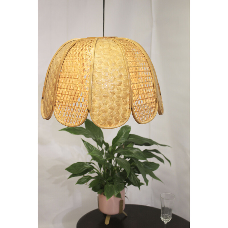 Vintage wicker hanging lamp flower shape, 1960