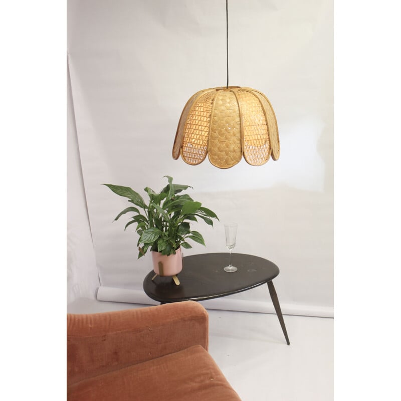 Vintage wicker hanging lamp flower shape, 1960