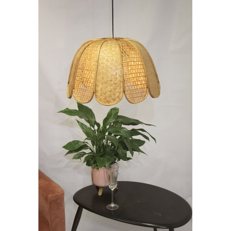 Vintage wicker hanging lamp flower shape, 1960