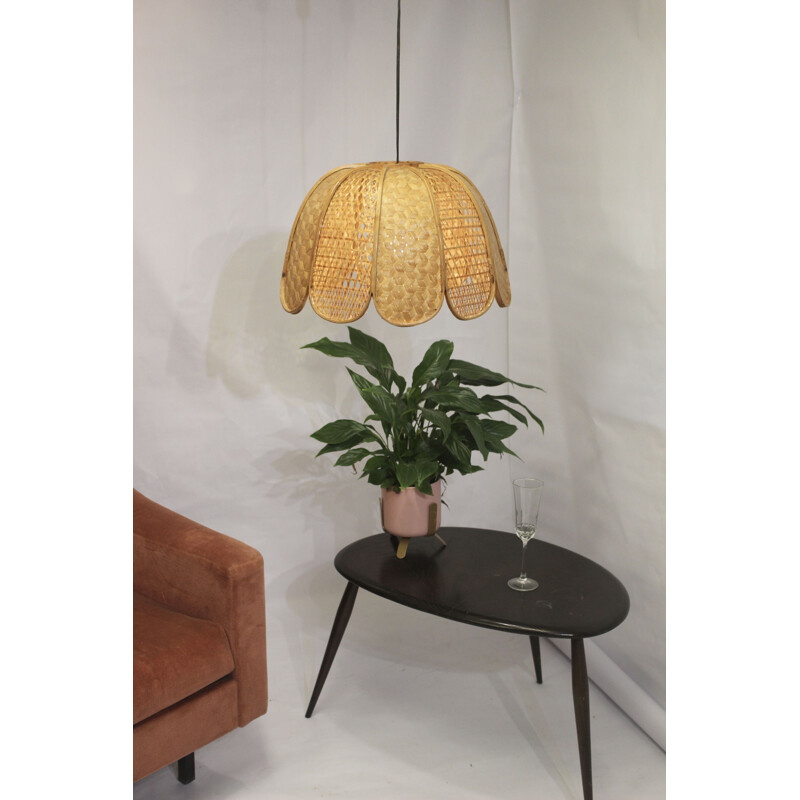 Vintage wicker hanging lamp flower shape, 1960