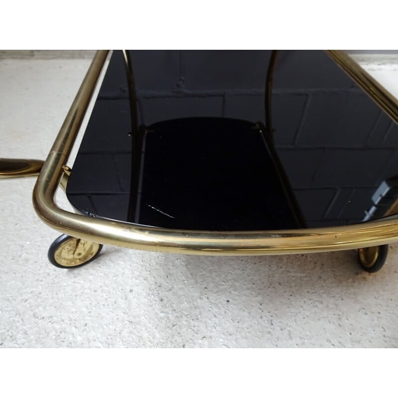 Vintage brass serving cart with black glass shelves, 1960