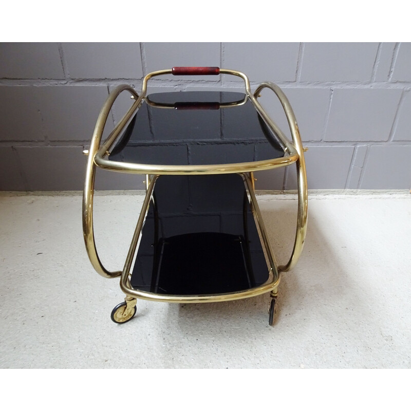 Vintage brass serving cart with black glass shelves, 1960