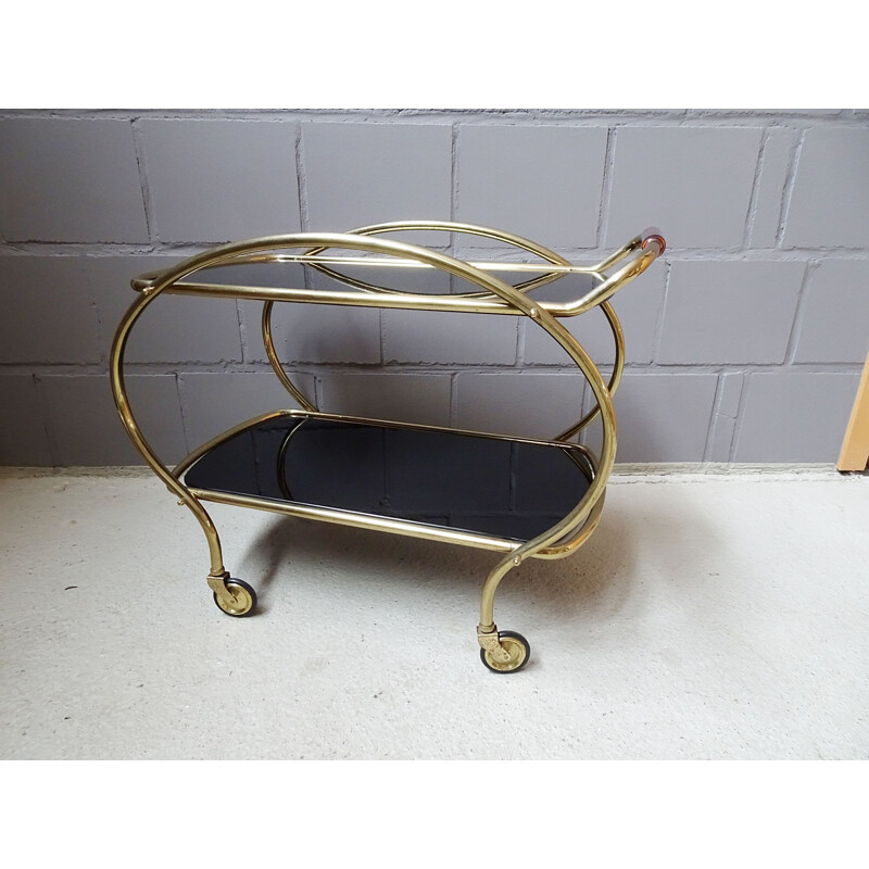 Vintage brass serving cart with black glass shelves, 1960