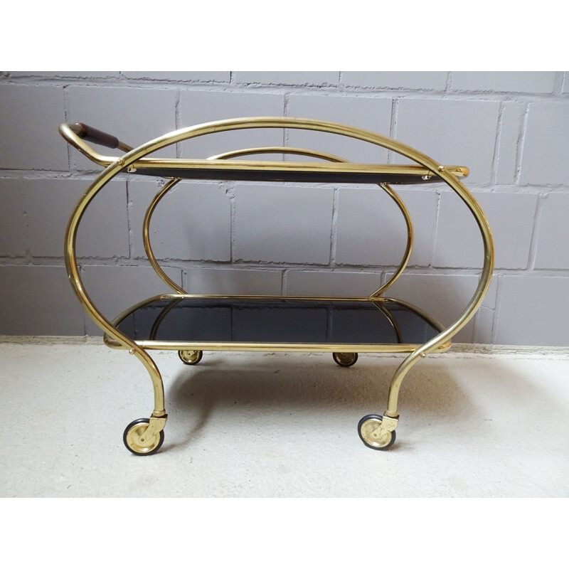 Vintage brass serving cart with black glass shelves, 1960