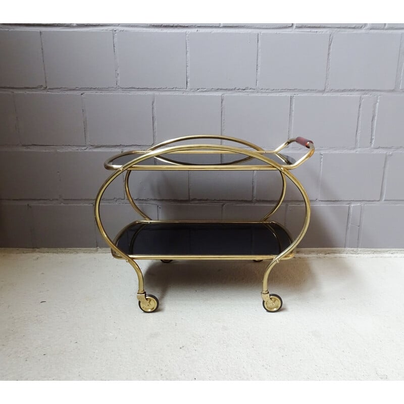 Vintage brass serving cart with black glass shelves, 1960