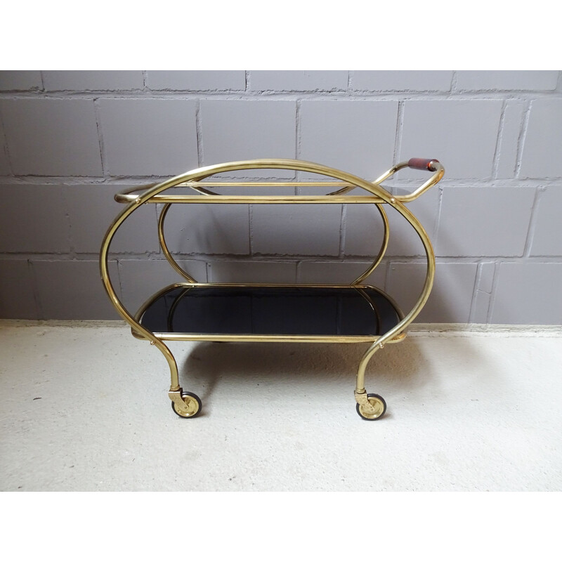 Vintage brass serving cart with black glass shelves, 1960