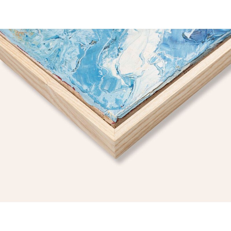 Huile sur toile vintage "From Abov" dans un cadre flottant en bois de frêne