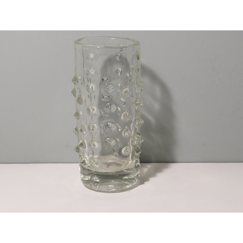 Vintage brutalist vase in transparent glass by Pavel Panek, 1971