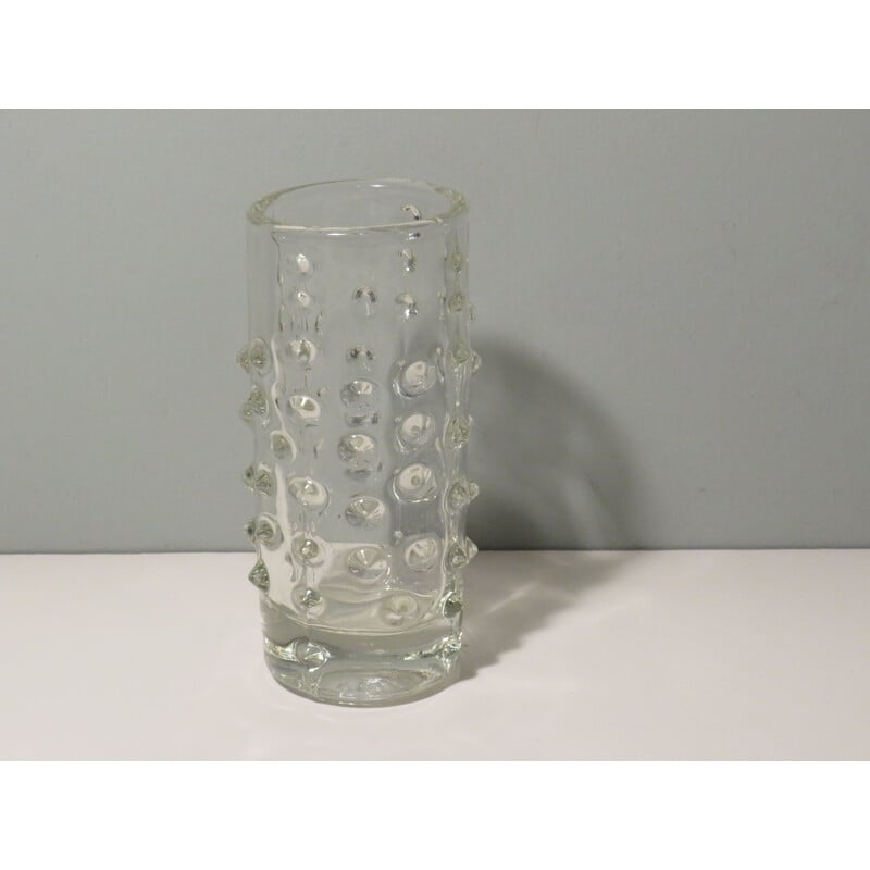 Vintage brutalist vase in transparent glass by Pavel Panek, 1971
