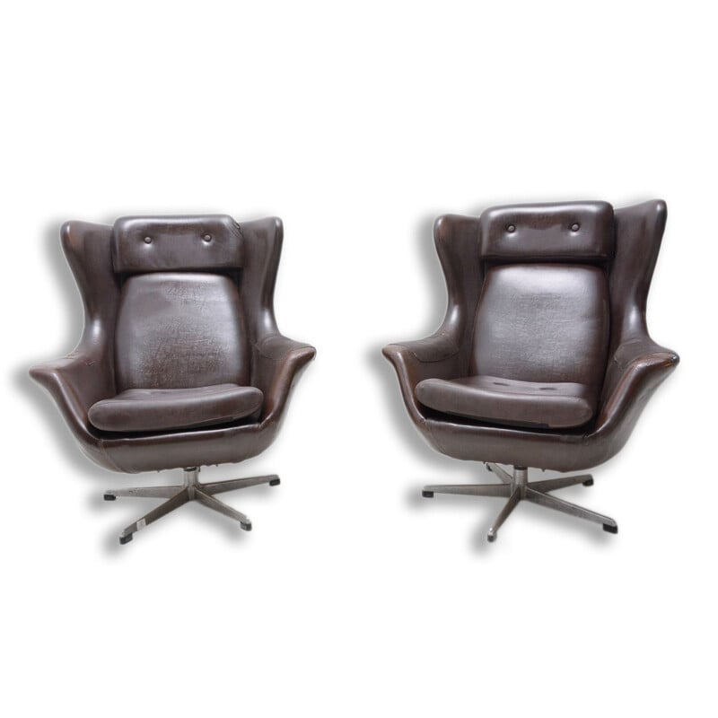 Pair of vintage leather swivel chairs by Up Zavody, Czechoslovakia 1970