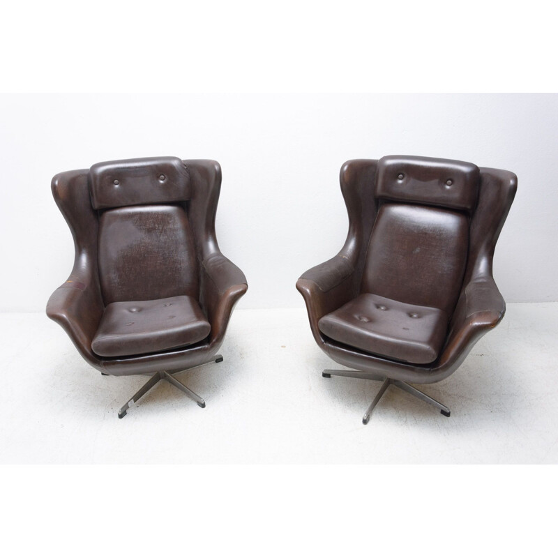 Pair of vintage leather swivel chairs by Up Zavody, Czechoslovakia 1970