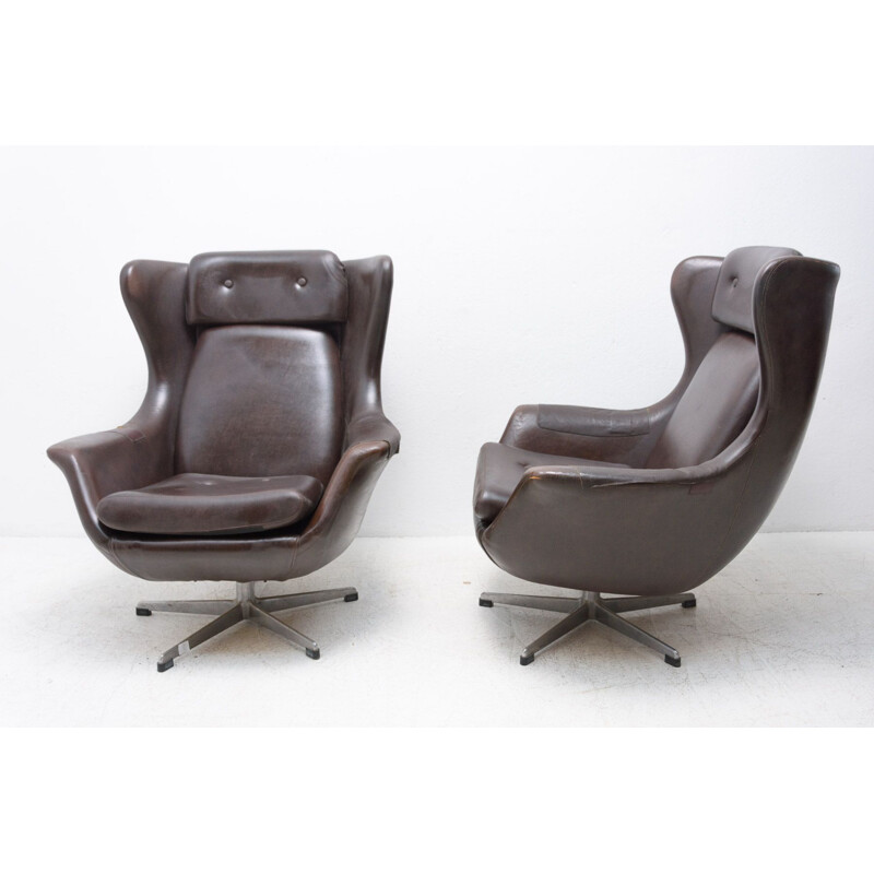 Pair of vintage leather swivel chairs by Up Zavody, Czechoslovakia 1970